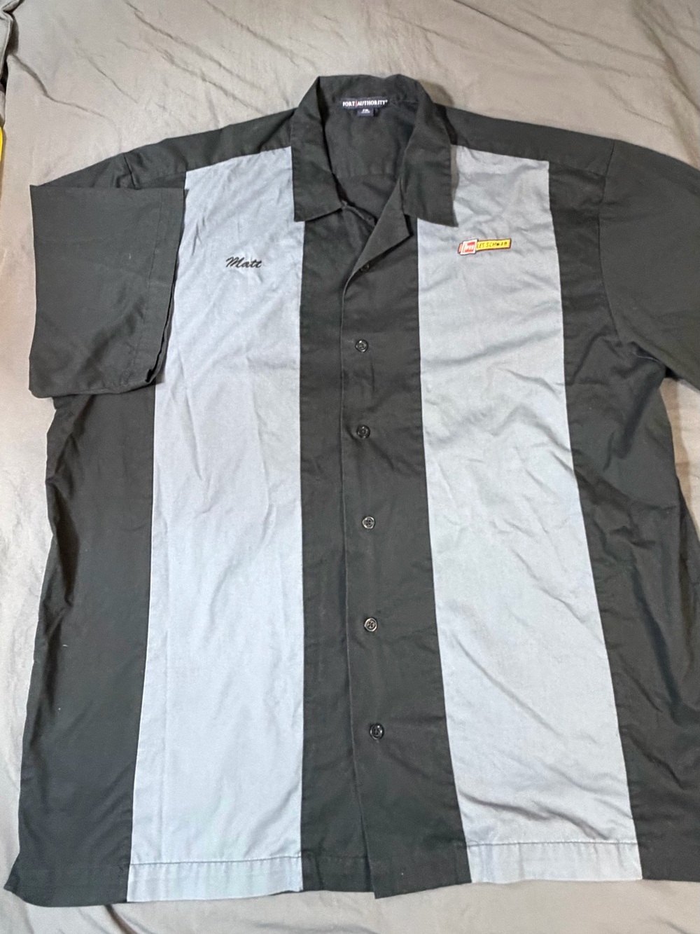 ‘Matt’ Black & Light Gray Panel Bowling Shirt with Embroidered Name